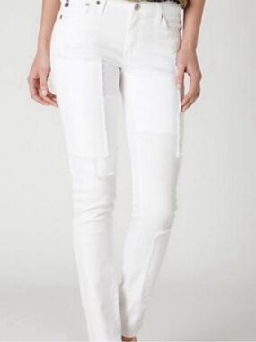 Ag The Stevie Slim Straight Patchwork White Jeans